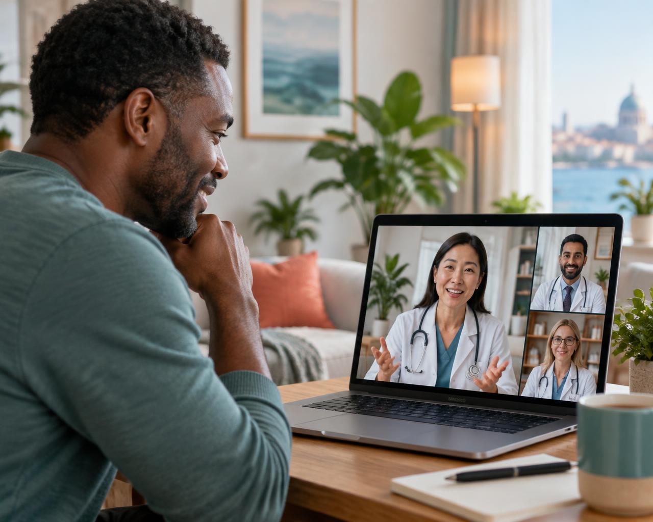Patient consulting a diverse international medical team online